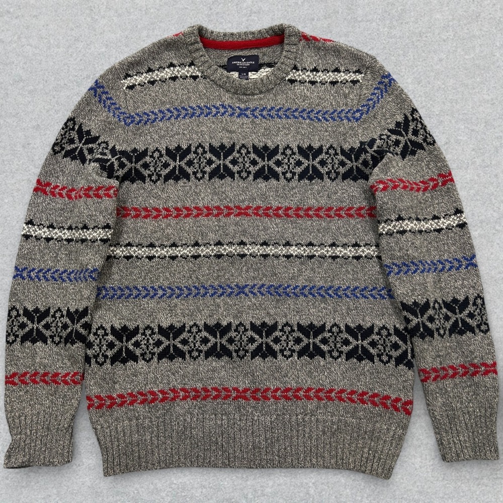 American Eagle Sweater Mens Large Gray Fair Isle Acrylic Blend Crewneck Pullover